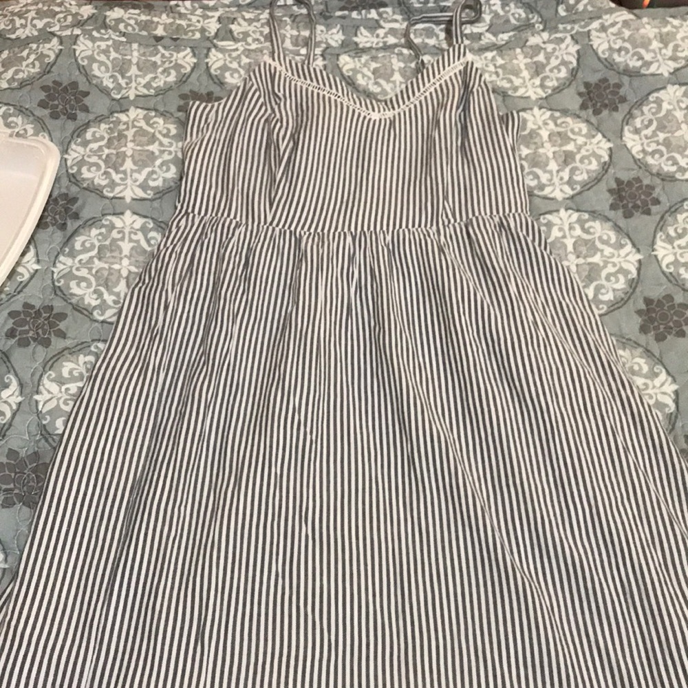 A grey and white striped dress